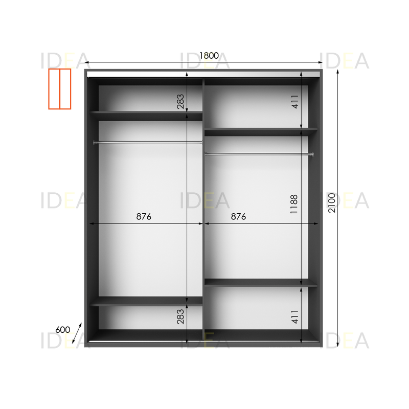 Шафа-купе IDEA серія 9 180 x 60 x 210 см Антрацит дзеркало