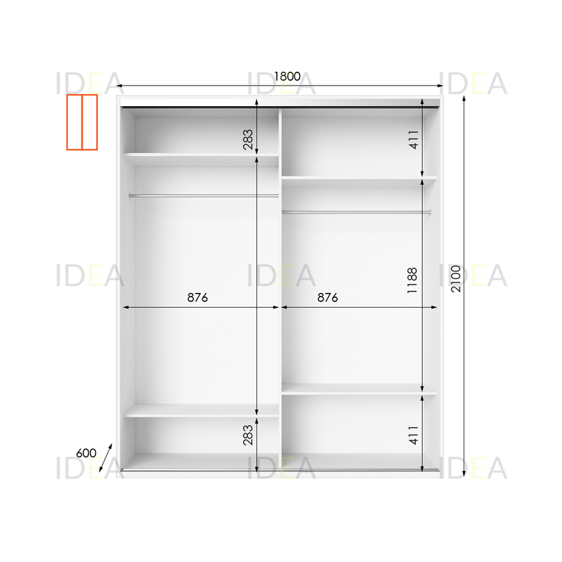 Шафа-купе IDEA серія 9 180 x 60 x 210 см Білий дзеркало