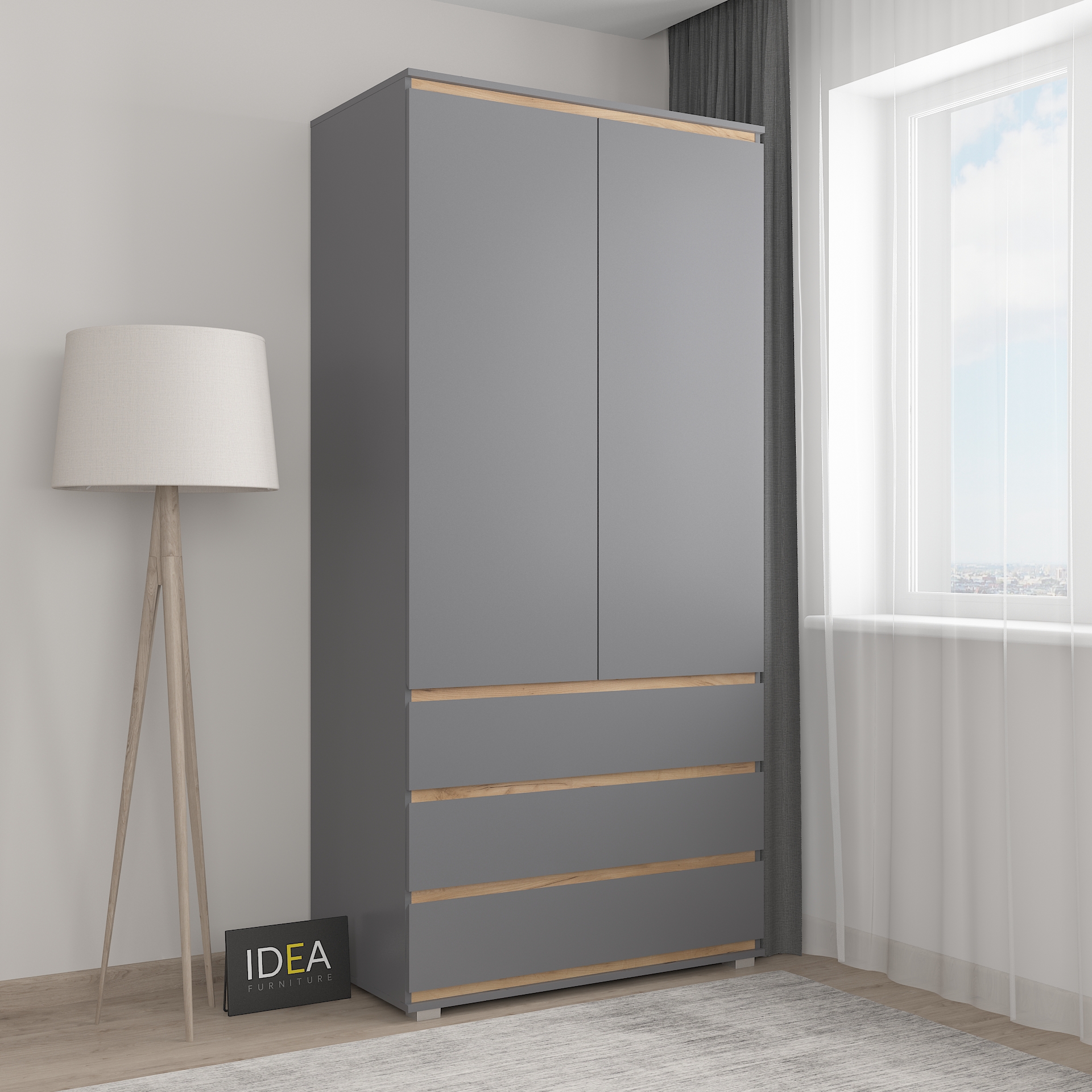 Шафа з полицями без ручок Б-1 Антрацит-Дуб Крафт планки