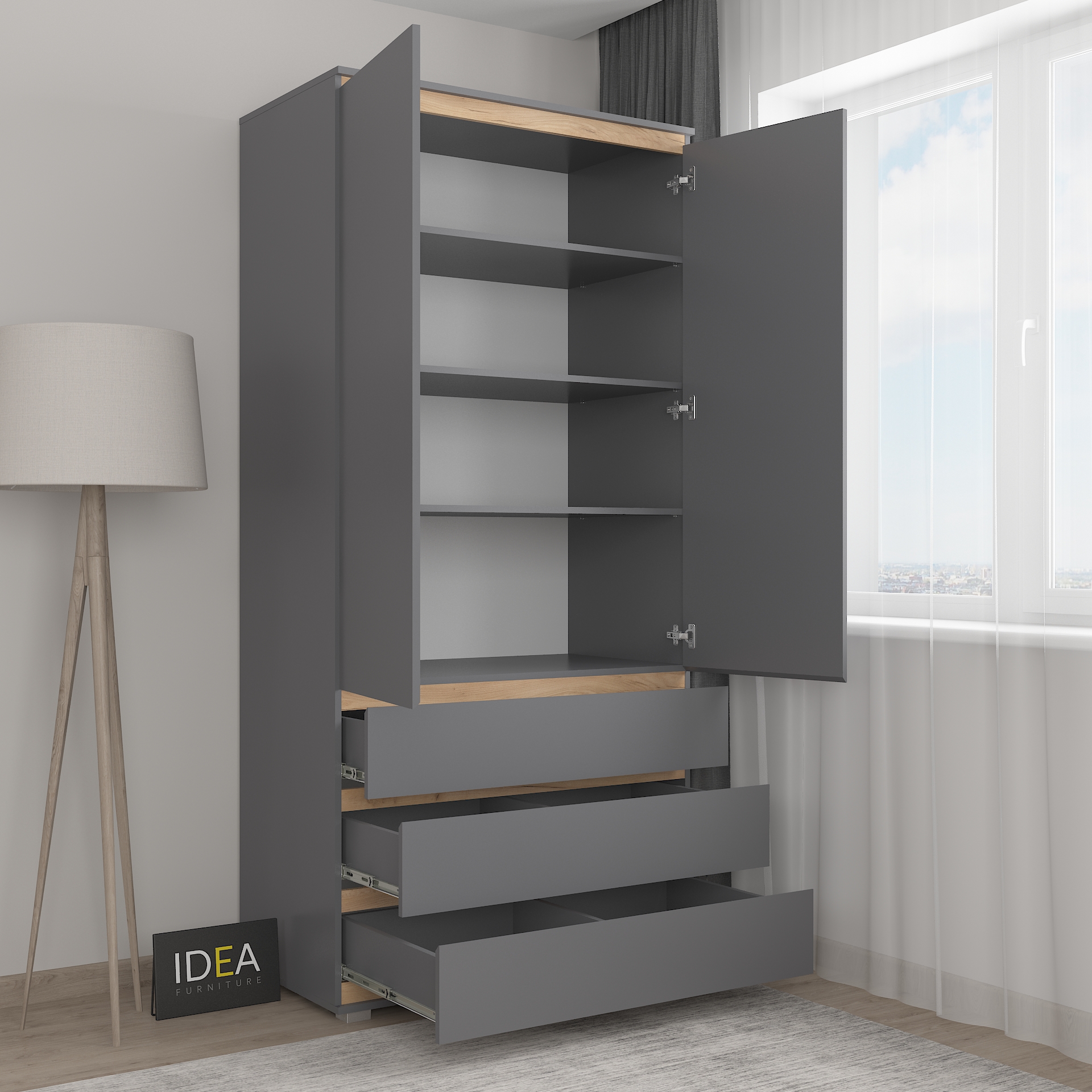 Шафа з полицями без ручок Б-1 Антрацит-Дуб Крафт планки