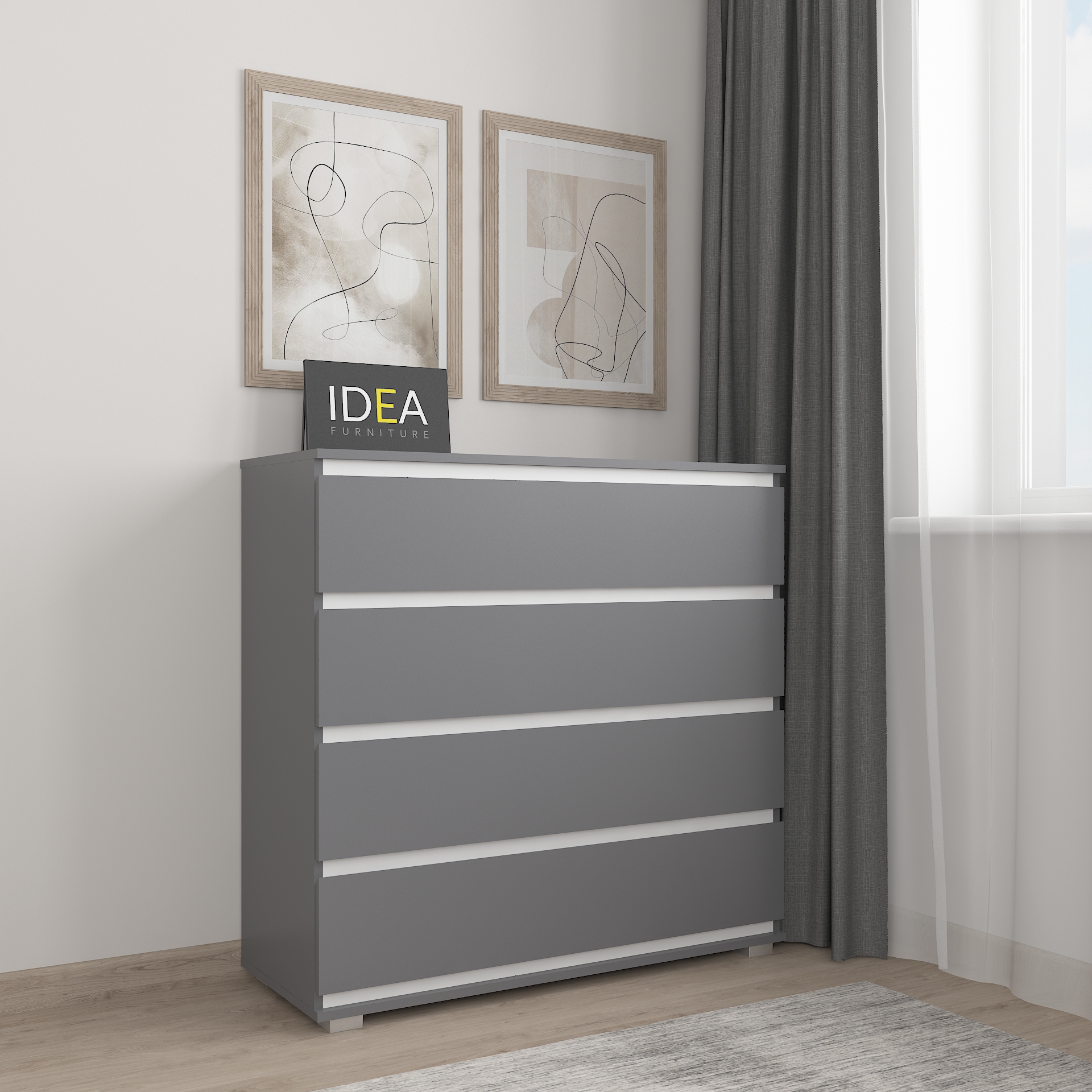Комод на 4 шухляди без ручок Б-8 Антрацит-Білі планки