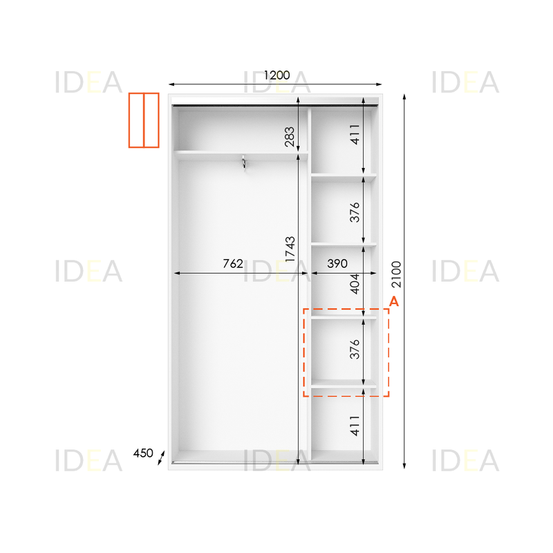 Шафа-купе IDEA серія 5 120 x 45 x 210 см Білий дзеркало
