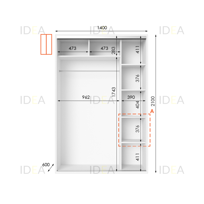 Шафа-купе IDEA серія 5 140 x 60 x 210 см Білий дзеркало