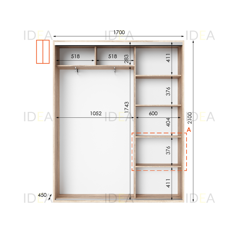 Шафа-купе IDEA серія 5 170 x 45 x 210 см Дуб сонома дзеркало