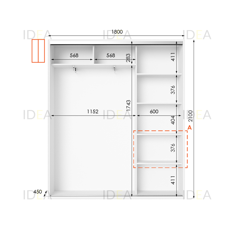 Шафа-купе IDEA серія 5 180 x 45 x 210 см Білий дзеркало