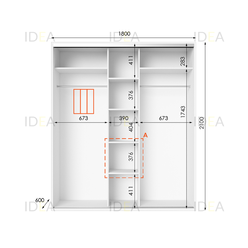 Шафа-купе IDEA серія 6 180 x 60 x 210 см Білий дзеркало