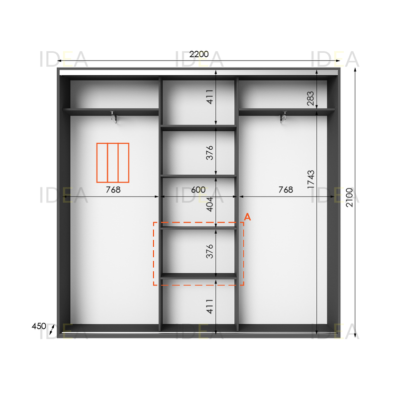 Шафа-купе IDEA серія 6 220 x 45 x 210 см Антрацит дзеркало