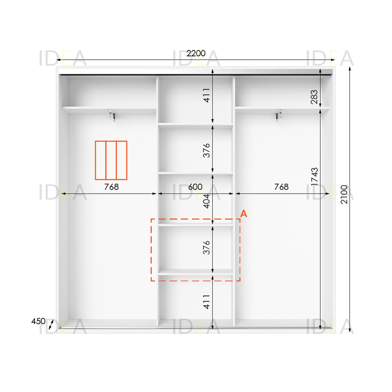 Шафа-купе IDEA серія 6 220 x 45 x 210 см Білий дзеркало