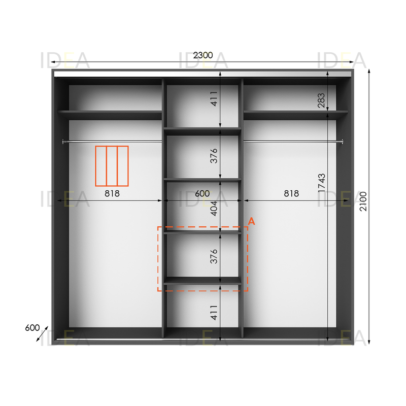 Шафа-купе IDEA серія 6 230 x 60 x 210 см Антрацит дзеркало