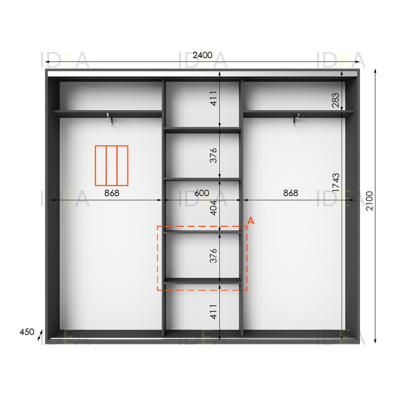 Шафа-купе IDEA серія 6 240 x 45 x 210 см Антрацит дзеркало