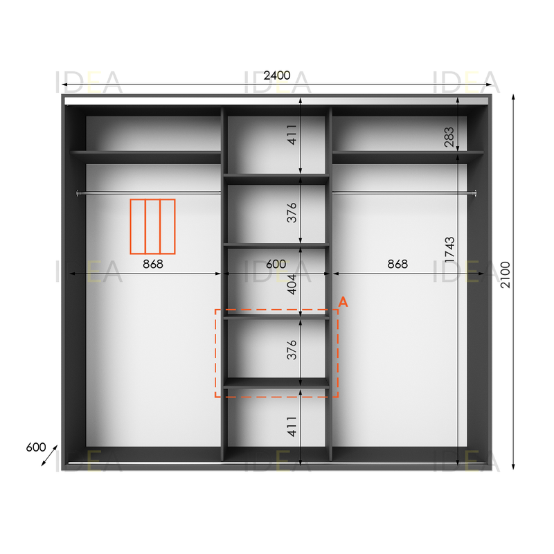 Шафа-купе IDEA серія 6 240 x 60 x 210 см Антрацит дзеркало