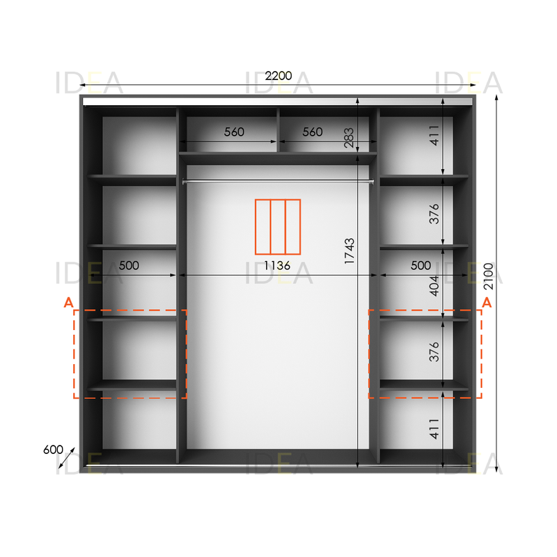 Шафа-купе IDEA серія 7 220 x 60 x 210 см Антрацит дзеркало