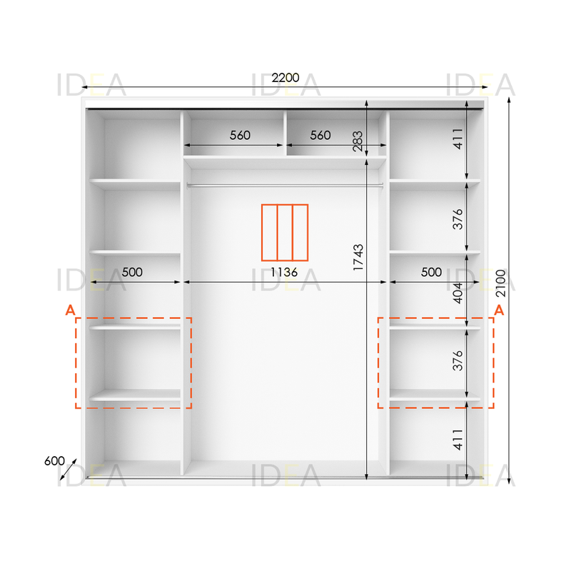 Шафа-купе IDEA серія 7 220 x 60 x 210 см Білий дзеркало