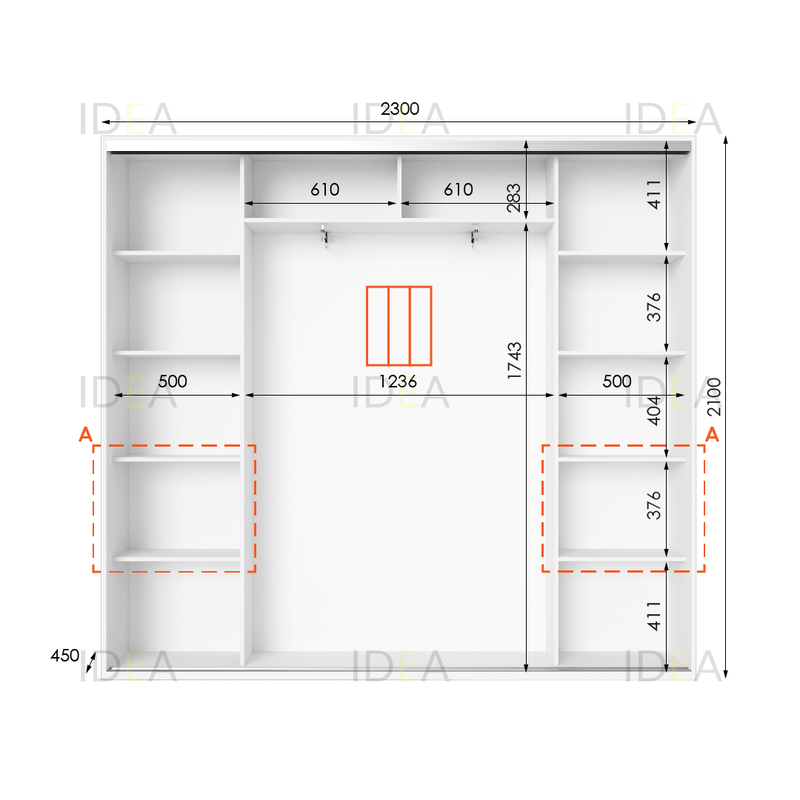 Шафа-купе IDEA серія 7 230 x 45 x 210 см Білий дзеркало