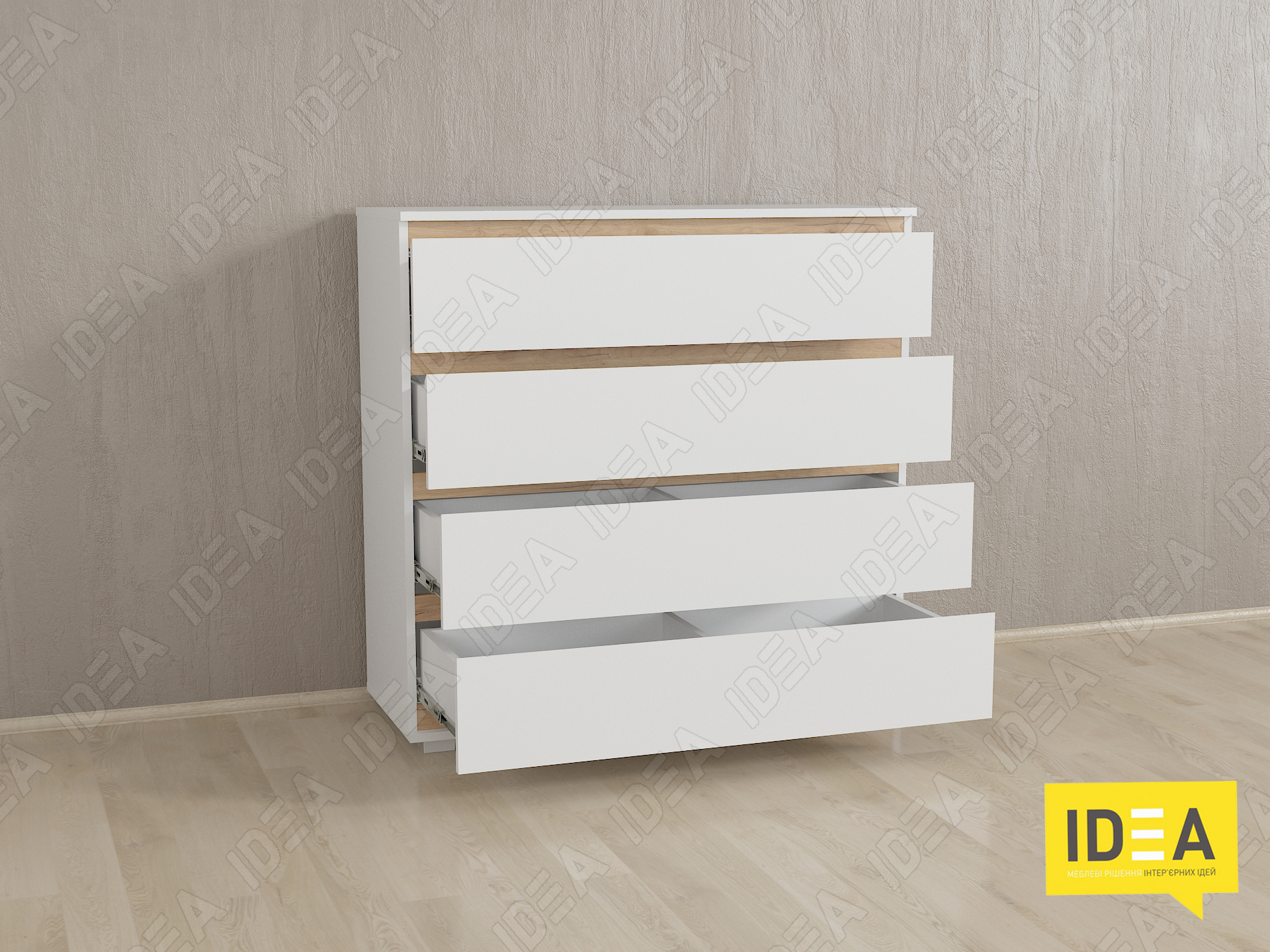 Комод на 4 шухляди без ручок Б-8 білий - дуб крафт планки