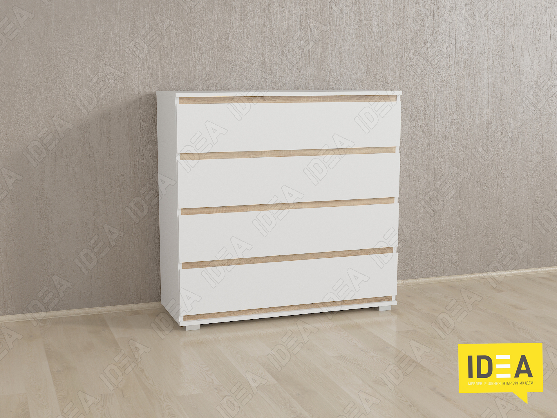Комод на 4 шухляди без ручок Б-8 білий - дуб сонома планки