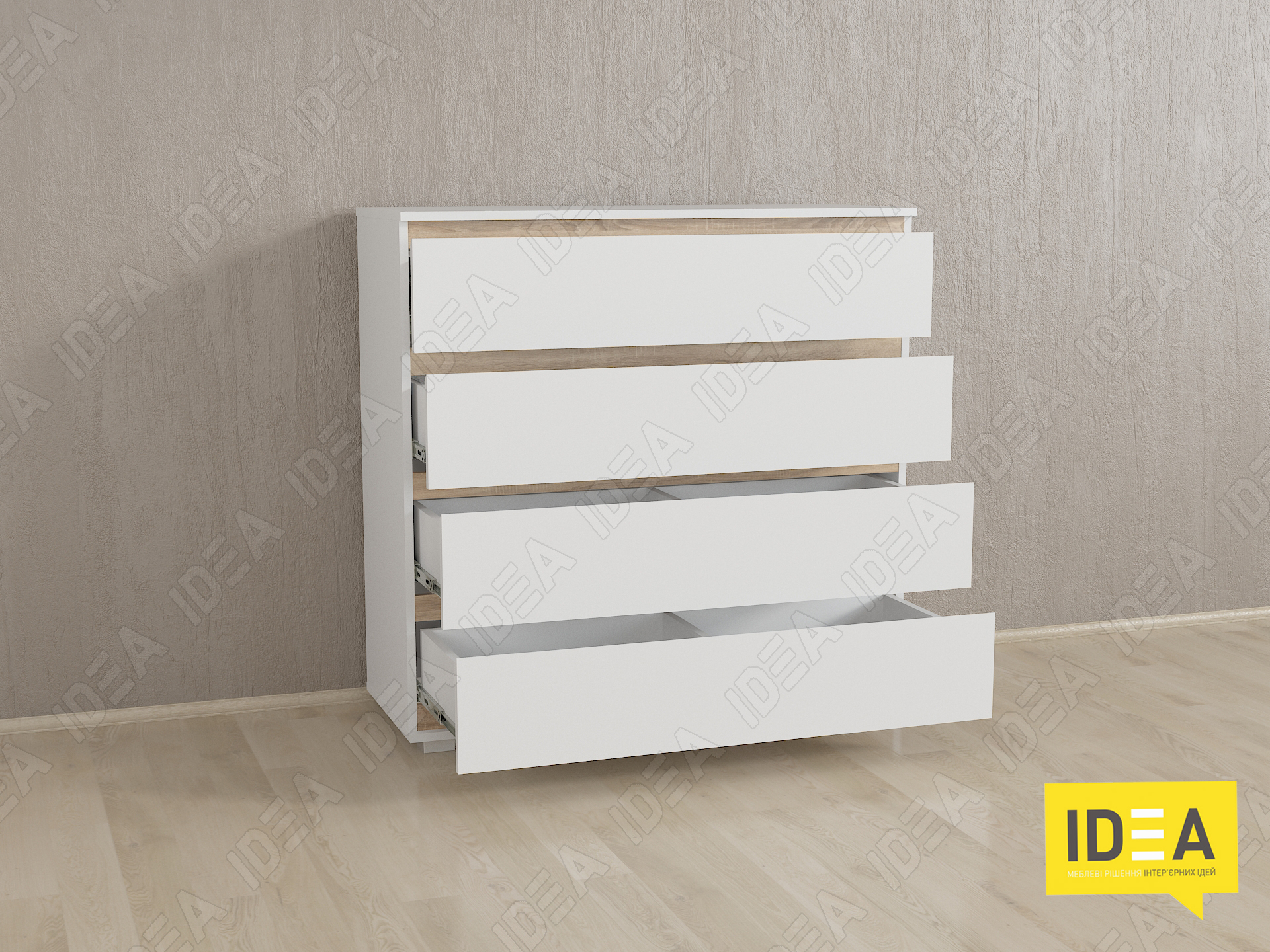 Комод на 4 шухляди без ручок Б-8 білий - дуб сонома планки