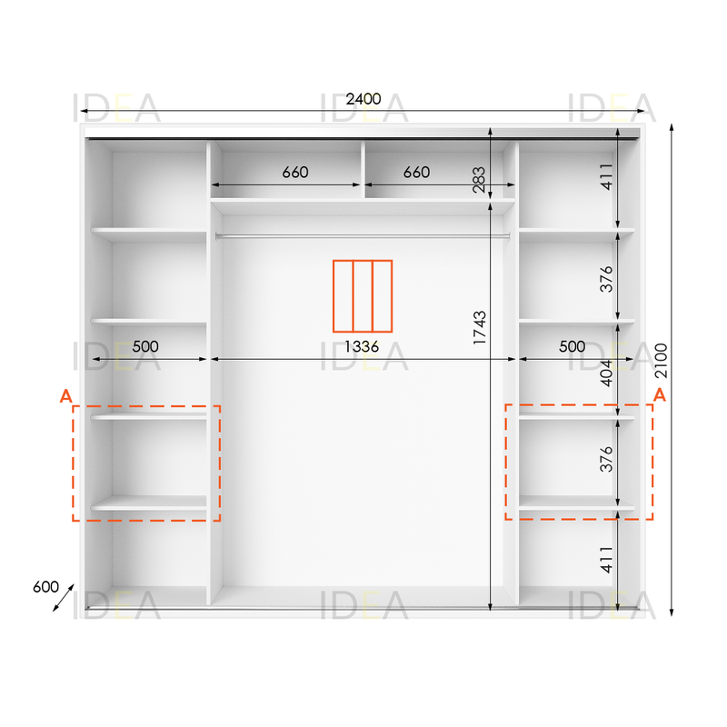 Шафа-купе IDEA серія 7 240 x 60 x 210 см Білий дзеркало